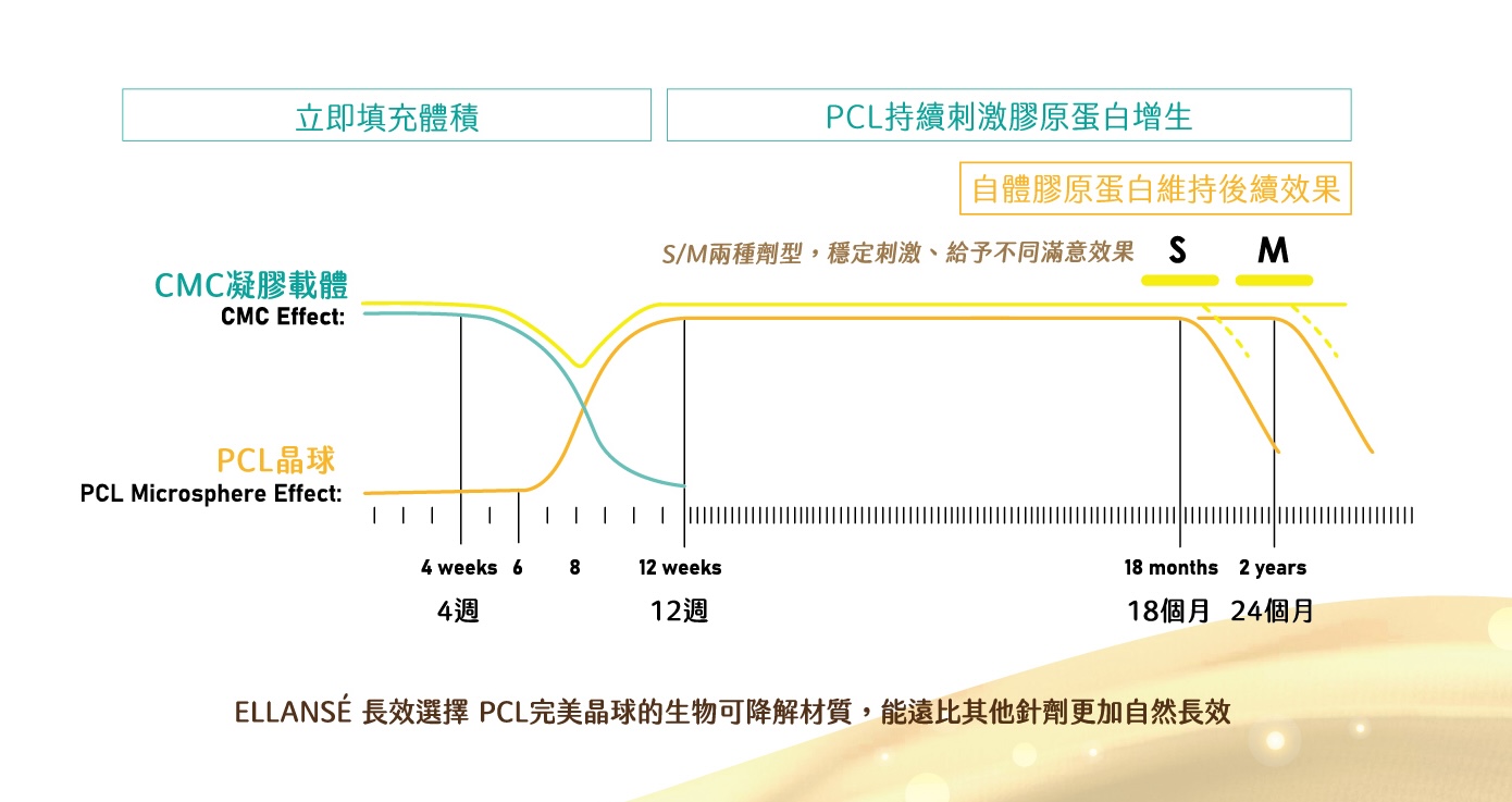 洢蓮絲的獨特之處分為雙階段作用：CMC 凝膠立即支撐凹陷與淡化皺紋，PCL 微晶球則持續刺激膠原蛋白新生，讓效果自然維持可達 2 年以上。